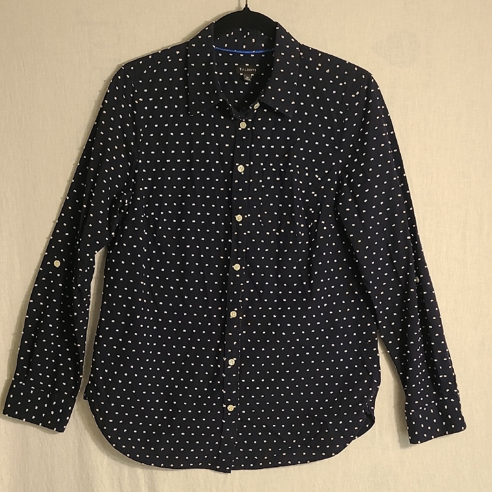 Talbots Navy Textured Polka Dot Shirt Size 10